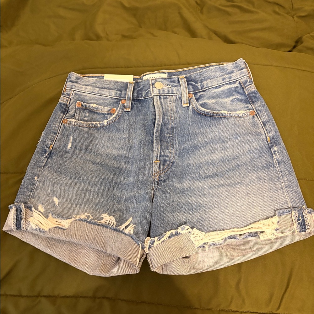 Agolde Parker Long cuffed Light Blue Distressed Jean Short 25